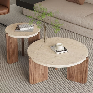 Mesa de Centro Redonda de Piedra Sinterizada para Sala de Estar, Mesa Baja Minimalista con Patas de Madera Sólida para Balcón - Product Image 1