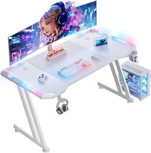 Tavolo da Gaming a Forma di Z in Metallo e PU con Portabicchieri LED RGB Regolabile, Scrivania per Computer Bianca - Product Image 1
