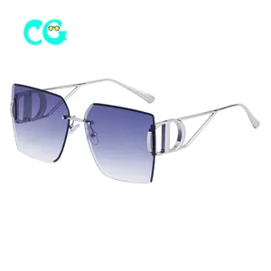 2024新款奢华方形太阳镜女性无框钻石切割镜片眼镜复古金属墨镜女性UV400太阳镜