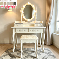 Ensemble coiffeuse blanche avec miroir LED, tabouret rembourré, tiroirs de rangement et design sculpté – Meuble de chambre