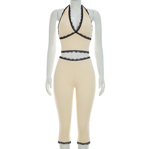 Viviblook J26ST268 Ensemble 2 pièces sexy pour femme : débardeur dos nu en dentelle à col licou et pantalon court côtelé de couleur unie - Product Image 2