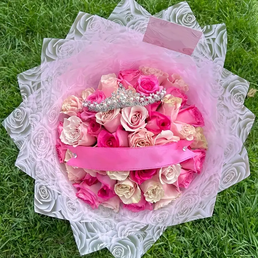 Luxury 58*58cm rose head pattern plastic waterproof flower wrapping paper for florist flower shop material