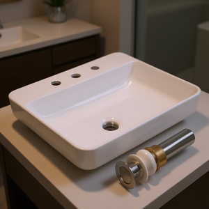 Lavabo de Porcelana Rectangular para Baño, Tres Orificios, Acabado Brillante, Montaje en Pared, Diseño Minimalista, Fácil de Limpiar, con Desagüe - Product Image 2