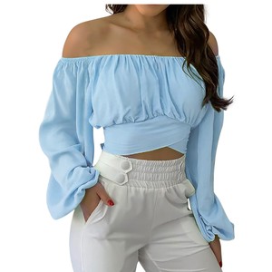 King Mcgreen Star <span class=keywords><strong>Camiseta</strong></span> de <span class=keywords><strong>manga</strong></span> <span class=keywords><strong>larga</strong></span> Sexy fuera del hombro Bodycon mujeres Streetwear Crop Tops verano sólido elegante camisetas - Product Image 4