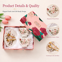 Ensemble de tasses à thé et soucoupes en céramique florale vintage, tasse et soucoupe en porcelaine avec cuillère pour le thé de l'après-midi à la maison, OEM ODM en gros
