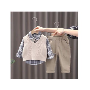 Children's Casual Solid Pattern Three-Piece Set Knitted Sweater <strong>Vest</strong> Plaid Shirt <strong>Long</strong>-<strong>Sleeved</strong> <strong>Vest</strong> Boys Boys Three Piece Suit - Product Image 1