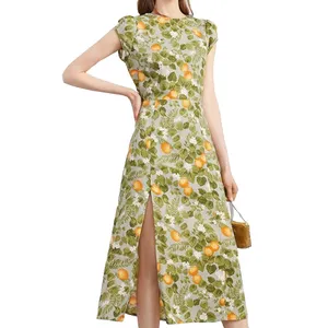 Casual Sweet High Quality Floral Dress Frock with Hollow Back High Split