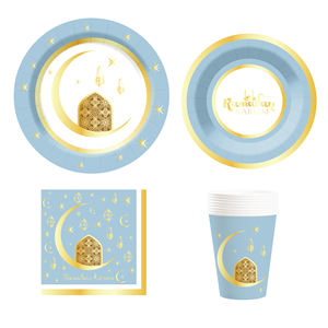 DAMAI nouvelles décorations du <span class=keywords><strong>Ramadan</strong></span> <span class=keywords><strong>Ramadan</strong></span> <span class=keywords><strong>vaisselle</strong></span> ronde bleu et or assiettes tasses serviettes pour <span class=keywords><strong>Ramadan</strong></span> islamique Decore - Product Image 4