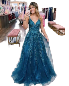 定制颜色优雅的a线晚礼服加尺寸礼服v领无背意大利面条带薄纱舞会礼服 - Product Image 4