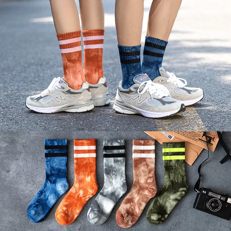 Fashion Warm And Breathable Custom Cotton Men Crew Street Hip Hop Striped Tie Dye Socks