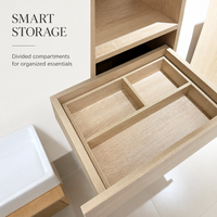 Meuble de salle de bain moderne haut avec finition grain de bois, étagères ouvertes et trois tiroirs, idéal pour projets hôteliers sur mesure