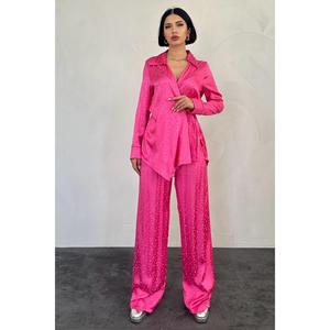 Conjunto de Pijama de Satén Rosa para Mujer, Manga Larga, Elegante, Dos Piezas, Tela Suave - Product Image 3