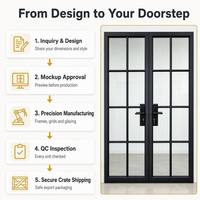 Porte double française noire à 8 panneaux avec grille en verre transparent et cadre en métal noir mat, pour intérieur et extérieur, idéale pour maison moderne américaine et patio
