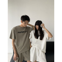 Ensemble deux pièces décontracté d'été en coton de haute qualité pour couple, comprenant un T-shirt court à coupe droite et un pantalon ample à taille large, couleur unie, longueur au-dessus du genou