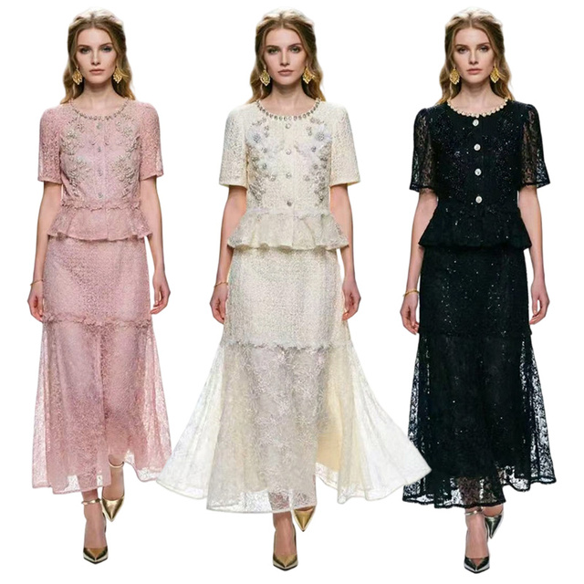 Elegant Summer Women's Fashion O Neck Short Sleeve Button Decoration Heavy Beaded Ruffle Top and Maxi Skirt Set Lace