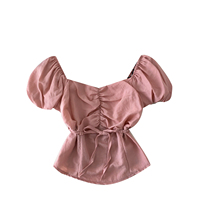 Chemisier d'été élégant pour femme à manches courtes bouffantes, col carré, taille froncée à nouer, coupe ample et décontractée pour le quotidien