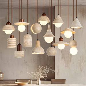Lampada a Sospensione LED in Travertino Giallo Naturale, Stile Zen Giapponese Wabi-Sabi, Illuminazione a 1 Luce in Pietra per Camera da Letto - Product Image 1