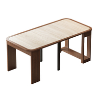 Table à manger rectangulaire extensible en bois massif avec plateau en pierre frittée, design télescopique extensible pour petite maison, style mid-century