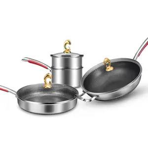 3pcs Non Stick Pots Cookware Set Cooking Stainless Steel Double Sided Honeycomb Stir Fried Vegetable Pot