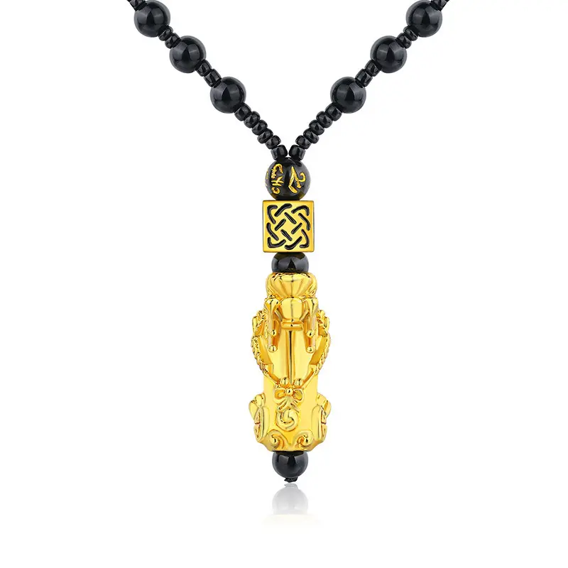 new shajin PIxiu pendant24K gold necklace obsidian bead chain color six character talisman
