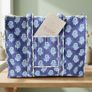 Sac fourre-tout en coton à motif floral bleu, fermeture éclair isolée, style élégant, sac de shopping pour femme toutes saisons - Product Image 1