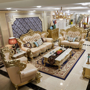 Sofá de Cuero Europeo STG para Sala de Estar, Muebles Aristocráticos de Madera Maciza Dorada Tallada, Sofá de 1/2/3/4 Plazas - Product Image 1
