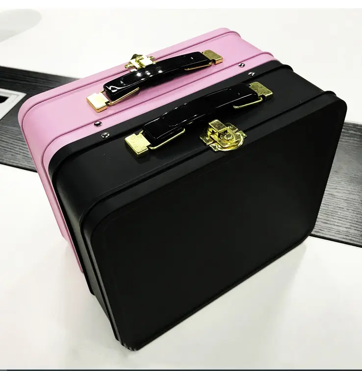 Fiambrera de lata para niños, contenedor de metal rectangular de plata negra y rosa, caja de lata con cierre para imprimir, embalaje con mango, venta al por mayor