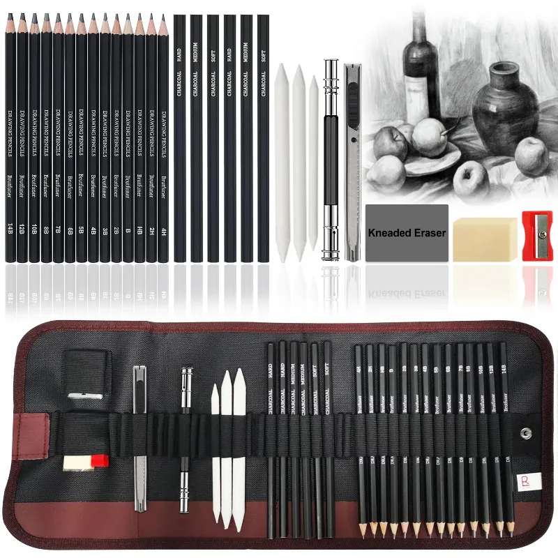 Keep Smiling 30pcs Wooden Charcoal Sketch Pencil Set Drawing Pencils Kit In A Roll Up Bag For Artist