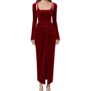 Robe Corset Plissée en Satin Élégante de Haute Qualité Printemps-Été avec Ceinture en Cachemire et <span class=keywords><strong>Jupe</strong></span> Traînante Façonnée à la Taille en Forme d'Arête de Poisson - Product Image 1