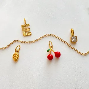 Colliers pendentifs pour femmes EManco en acier inoxydable, motif cerise <span class=keywords><strong>rouge</strong></span> texturé, géométrique, avec gemmes carrées et feuilles, lettres, cadeaux, dropshipping - Product Image 5
