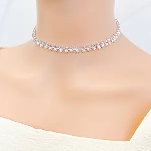 Fashion charm Jewelry Skin Plated silver chain Pink diamond Zircon chock necklace Necklace