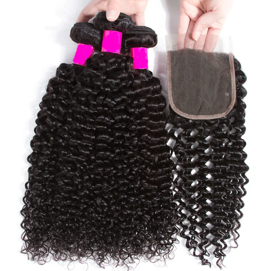 Tempel Echthaar Haar in Paket Haar Bündel mit Verschluss Fabrik Großhandel Günstige Curly Malaysian Pure Direct Bulk mit Baby