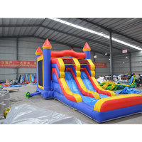 Château gonflable classique bleu, rouge et jaune avec toboggan, maison de saut commerciale pour enfants, idéal pour les anniversaires, les carnavals et la location.