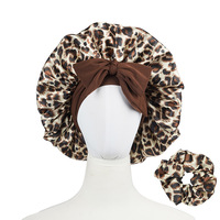 Topi Tidur Satin Motif Leopard Tahan Air Hangat Model Panjang dengan Pita Elastis Lebar untuk Wanita
