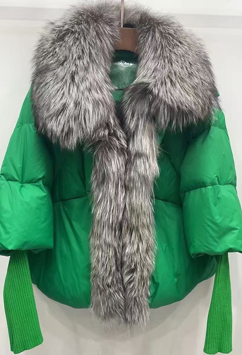 Green+Silver fox fur collar