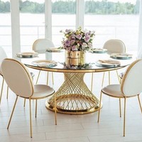Table à manger ronde moderne de luxe en acier inoxydable avec base en métal doré pour salon ou mobilier d'hôtel