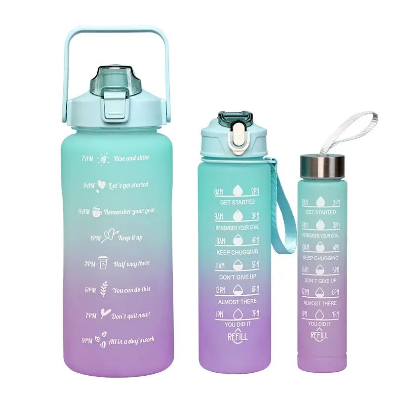 2023 Hotsale Large Capacity 2l Gradient Color 900ml 500ml 3 In 1 Set Gym Motivational Water Bottle