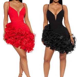 Gaun Mini Hitam Lipit Ruffle Baru Wanita Seksi Tali Merah Vestidos Wanita Malam Elegan Mewah Ulang Tahun Pesta Malam <span class=keywords><strong>Prom</strong></span> Robe - Product Image 1