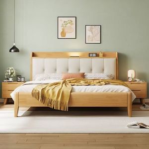 <span class=keywords><strong>Cama</strong></span> Contemporánea de Madera de Roble Natural con Luz Nocturna Recargable y Fácil Montaje para Dormitorio Moderno - Product Image 1
