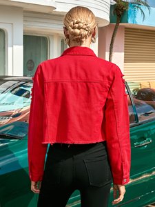 Fabricant de veste en jean recadrée et boutonnée personnalisée pour femmes Manteau en jean délavé à manches longues et à ourlet brut déchiré style rue haute - Product Image 4