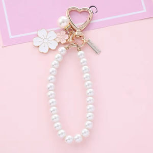 Wholesale Sweet Cherry Blossoms Key Chain Pearl <b>Letter</b> Pendant Car Ring for Women Headphone Case Charms Bag Decor Jewelry Gift - Product Image 2