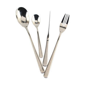 elegant flatware features flaring <b>handles</b> and subtle <b>bands</b> that highlight the narrow necks and wide tips Flatware Set - Product Image 2