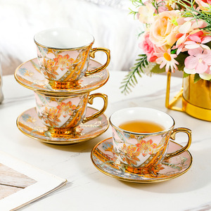 Ceramic Coffee <b>Cup</b> <b>Set</b> With Gold Rim Flower Pattern Break Resistant For Afternoon <b>Tea</b> - Product Image 3