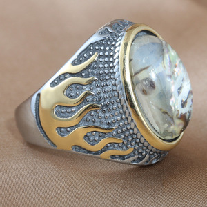 yunnique Men's <b>Titanium</b> Steel Oval Stone <b>Ring</b> Two-tone Flame Pattern Bezel Setting Punk Style Fashion Jewelry Gift - Product Image 3