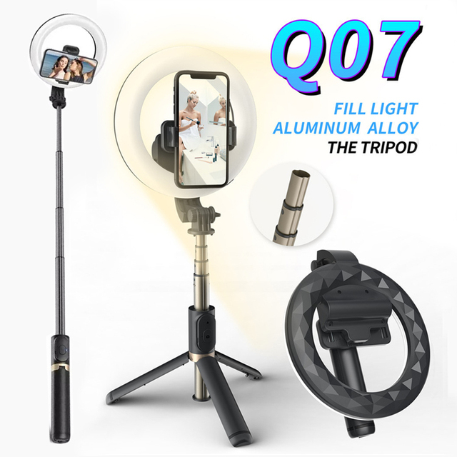 Q07 Multifunction Selfie Stick With LED Ring Fill Light for Live Stream Makeup Photography Wireless Remote Selfie Stick Tripod