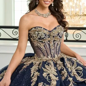 Abito da ballo blu navy con pizzo dorato per feste di compleanno, balli di fine anno e occasioni speciali, per ragazze di 15, 16, <span class=keywords><strong>18</strong></span> anni, Vestiti da Quinceañera QM771 - Product Image 3