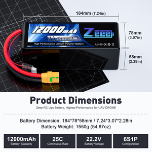 Zeee <span class=keywords><strong>lipo</strong></span> batterie 6S 12000mah 25C pour FPV UAV drone batterie Offres Spéciales - Product Image 2
