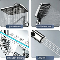 Ensemble de douche 4 fonctions en aluminium spatial électroplaqué avec commande par bouton, lumière d'ambiance, douchette fixe et douchette à main pour salle de bain