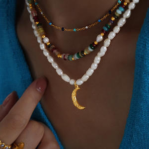 Collar de Perlas Naturales de Agua Dulce con Colgante de <span class=keywords><strong>Luna</strong></span>, Chapado en Oro de 18K, Cadena de Acero Inoxidable, Estilo Minimalista, Joyerí<span class=keywords><strong>a</strong></span> de Lujo con Encanto Romántico - Product Image 1