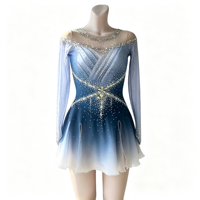 Robe de patinage artistique bleu et blanc dégradé avec strass, dos croisé en maille, pour femmes et filles